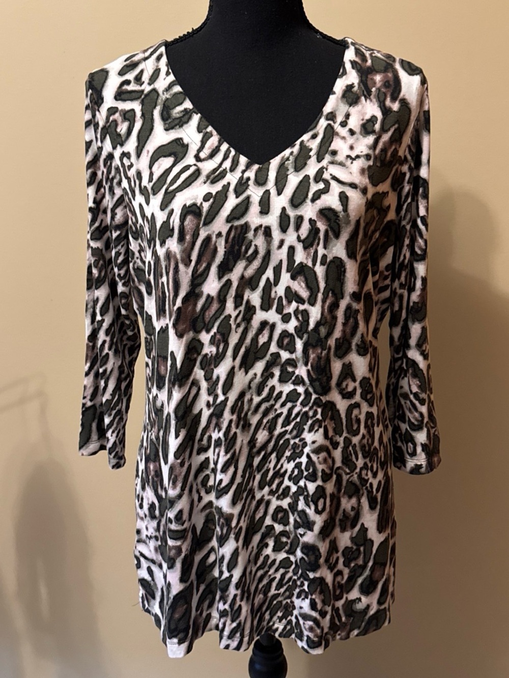 Belle by Kim Gravel Leopard Print V-Neck Tunic - Black, White, Brown
